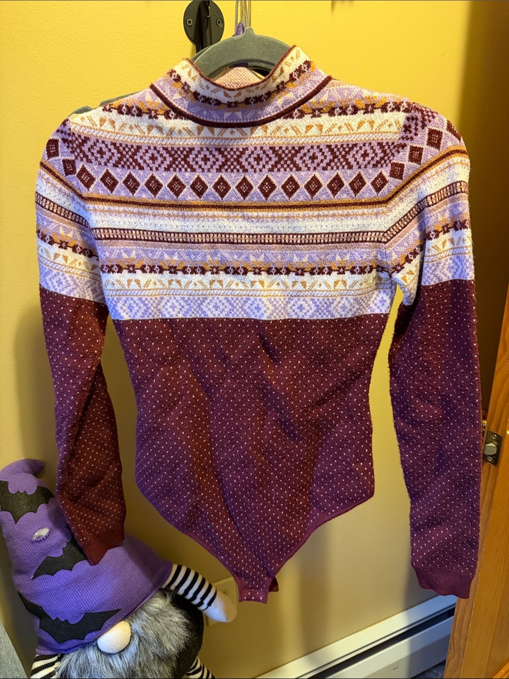 Free People Maroon and Cream Patterned Turtleneck Bodysuit Sweater